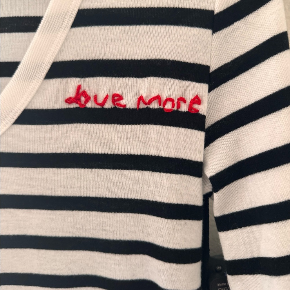 Embroidered “Love More” Black & White Striped Long Sleeve